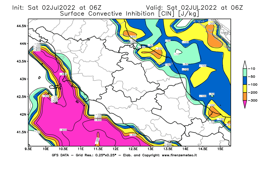 GFS analysi map - CIN [J/kg] in Central Italy
									on 02/07/2022 06 <!--googleoff: index-->UTC<!--googleon: index-->