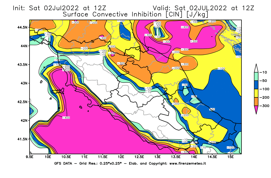 GFS analysi map - CIN [J/kg] in Central Italy
									on 02/07/2022 12 <!--googleoff: index-->UTC<!--googleon: index-->