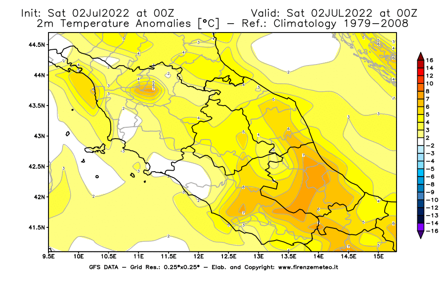 GFS analysi map - Temperature Anomalies [°C] at 2 m in Central Italy
									on 02/07/2022 00 <!--googleoff: index-->UTC<!--googleon: index-->