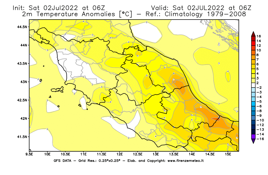 GFS analysi map - Temperature Anomalies [°C] at 2 m in Central Italy
									on 02/07/2022 06 <!--googleoff: index-->UTC<!--googleon: index-->