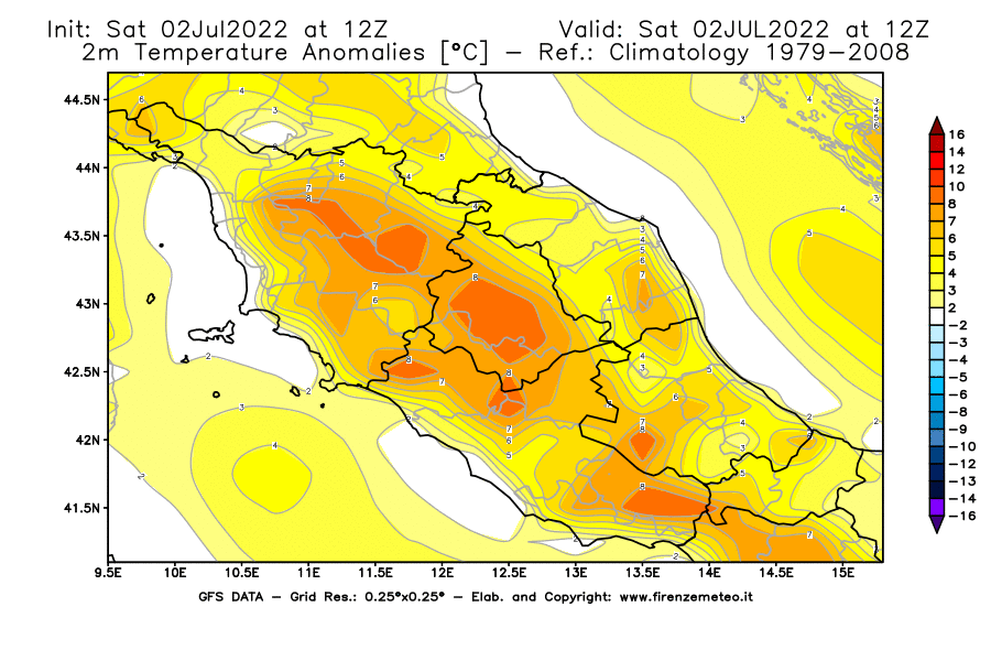 GFS analysi map - Temperature Anomalies [°C] at 2 m in Central Italy
									on 02/07/2022 12 <!--googleoff: index-->UTC<!--googleon: index-->