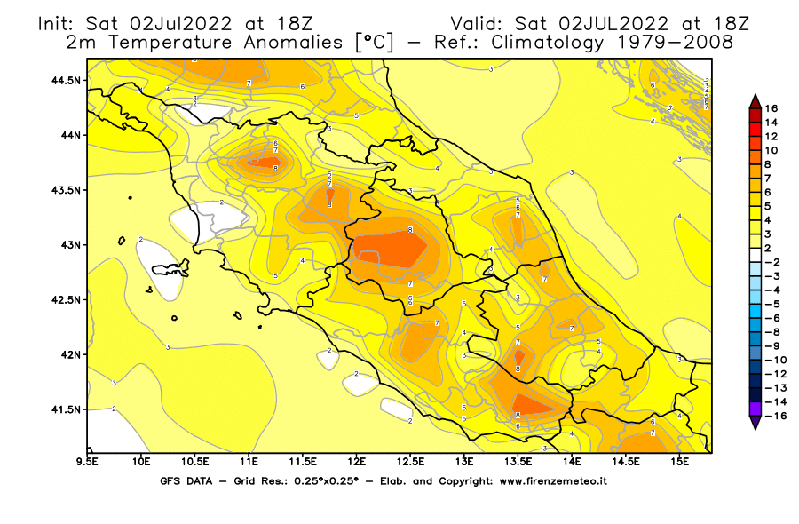 GFS analysi map - Temperature Anomalies [°C] at 2 m in Central Italy
									on 02/07/2022 18 <!--googleoff: index-->UTC<!--googleon: index-->