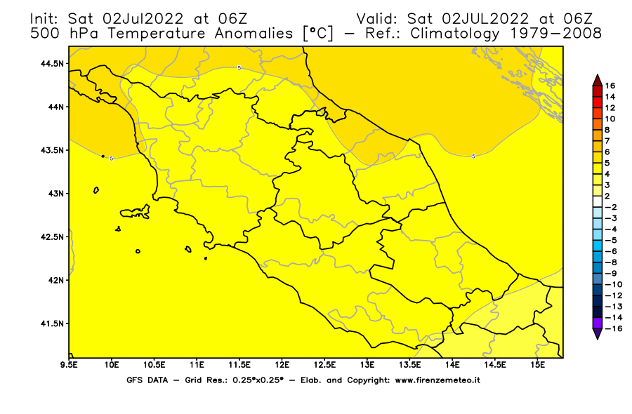 GFS analysi map - Temperature Anomalies [°C] at 500 hPa in Central Italy
									on 02/07/2022 06 <!--googleoff: index-->UTC<!--googleon: index-->