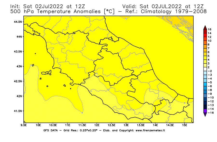 GFS analysi map - Temperature Anomalies [°C] at 500 hPa in Central Italy
									on 02/07/2022 12 <!--googleoff: index-->UTC<!--googleon: index-->