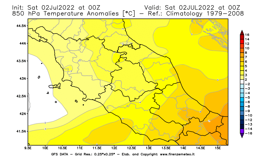 GFS analysi map - Temperature Anomalies [°C] at 850 hPa in Central Italy
									on 02/07/2022 00 <!--googleoff: index-->UTC<!--googleon: index-->