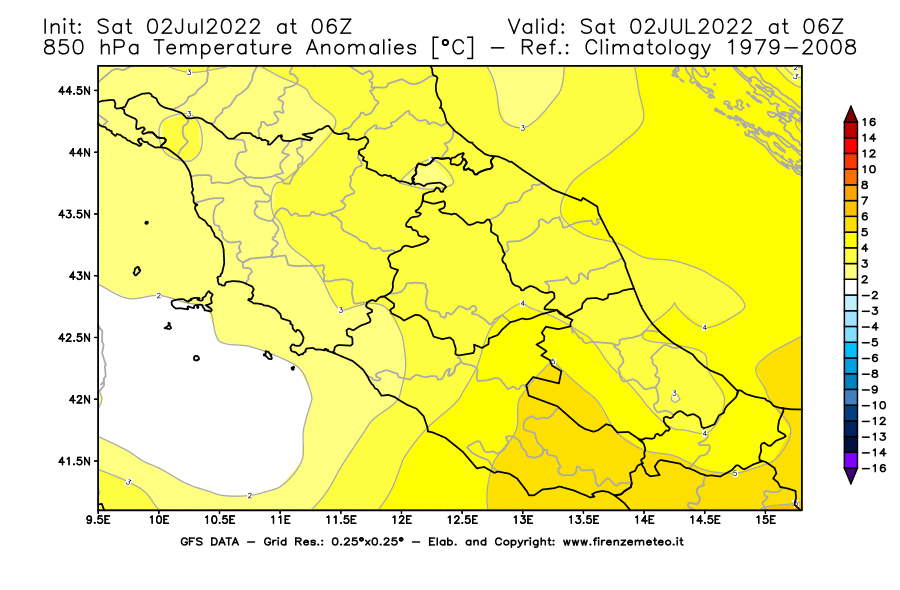 GFS analysi map - Temperature Anomalies [°C] at 850 hPa in Central Italy
									on 02/07/2022 06 <!--googleoff: index-->UTC<!--googleon: index-->