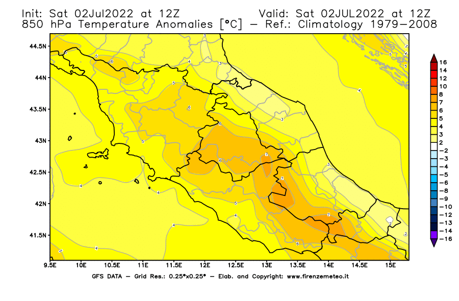 GFS analysi map - Temperature Anomalies [°C] at 850 hPa in Central Italy
									on 02/07/2022 12 <!--googleoff: index-->UTC<!--googleon: index-->