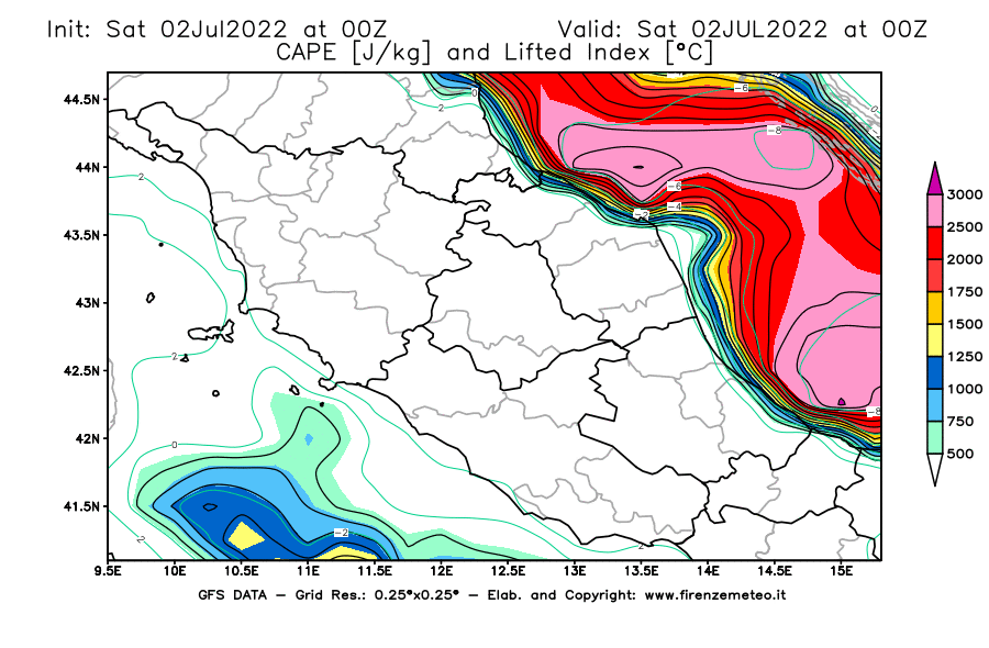 GFS analysi map - CAPE [J/kg] and Lifted Index [°C] in Central Italy
									on 02/07/2022 00 <!--googleoff: index-->UTC<!--googleon: index-->