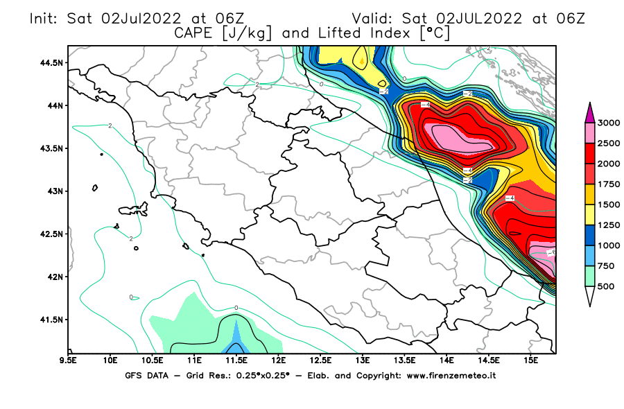 GFS analysi map - CAPE [J/kg] and Lifted Index [°C] in Central Italy
									on 02/07/2022 06 <!--googleoff: index-->UTC<!--googleon: index-->