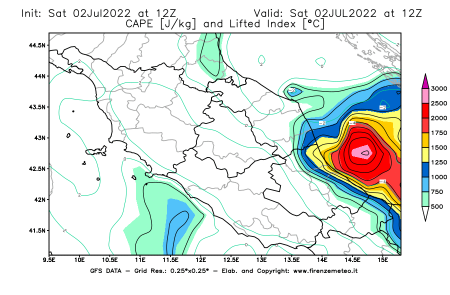 GFS analysi map - CAPE [J/kg] and Lifted Index [°C] in Central Italy
									on 02/07/2022 12 <!--googleoff: index-->UTC<!--googleon: index-->