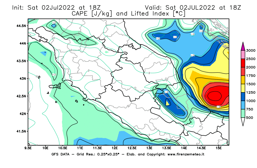 GFS analysi map - CAPE [J/kg] and Lifted Index [°C] in Central Italy
									on 02/07/2022 18 <!--googleoff: index-->UTC<!--googleon: index-->