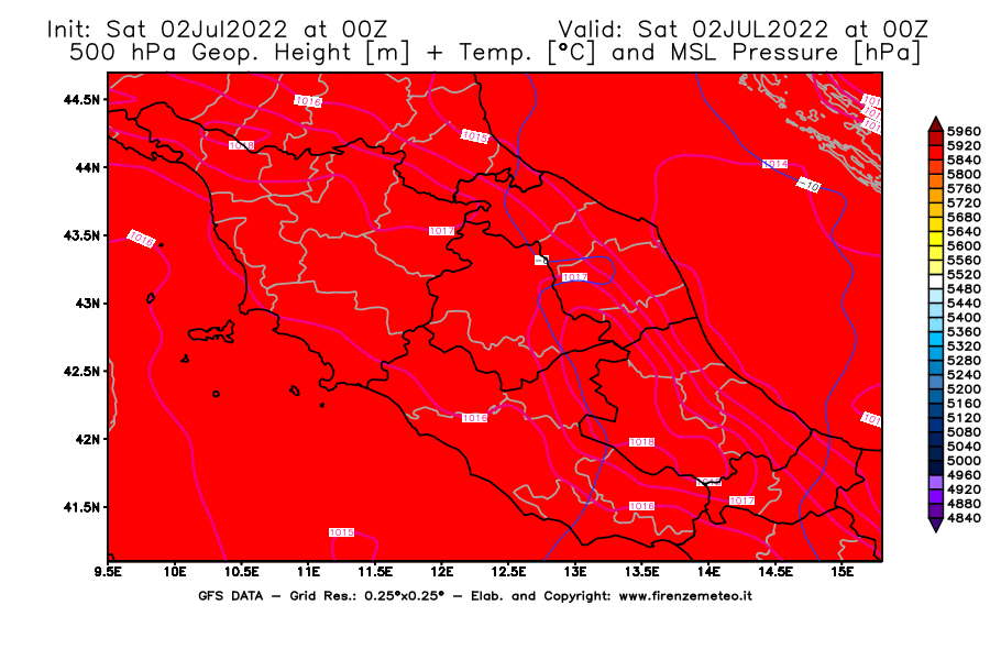 GFS analysi map - Geopotential [m] + Temp. [°C] at 500 hPa + Sea Level Pressure [hPa] in Central Italy
									on 02/07/2022 00 <!--googleoff: index-->UTC<!--googleon: index-->