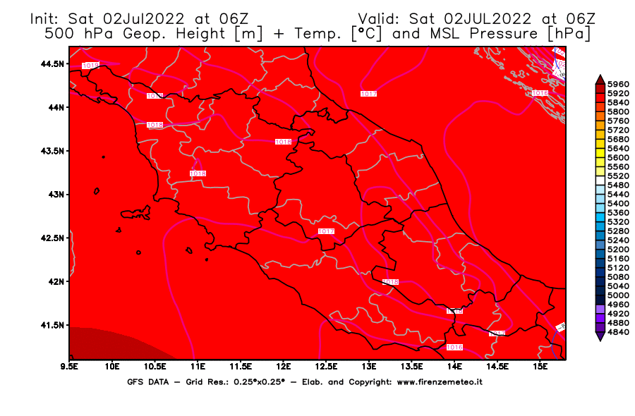GFS analysi map - Geopotential [m] + Temp. [°C] at 500 hPa + Sea Level Pressure [hPa] in Central Italy
									on 02/07/2022 06 <!--googleoff: index-->UTC<!--googleon: index-->