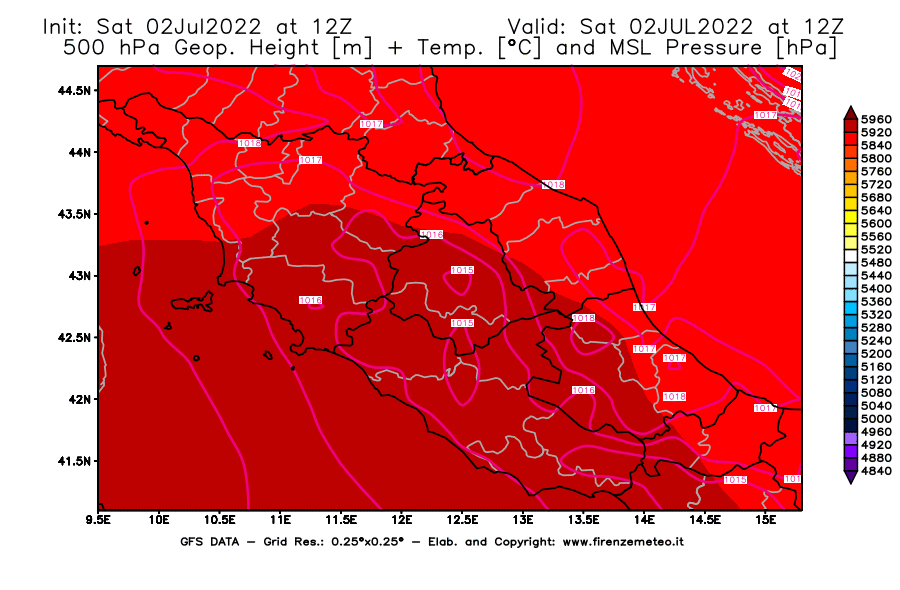 GFS analysi map - Geopotential [m] + Temp. [°C] at 500 hPa + Sea Level Pressure [hPa] in Central Italy
									on 02/07/2022 12 <!--googleoff: index-->UTC<!--googleon: index-->