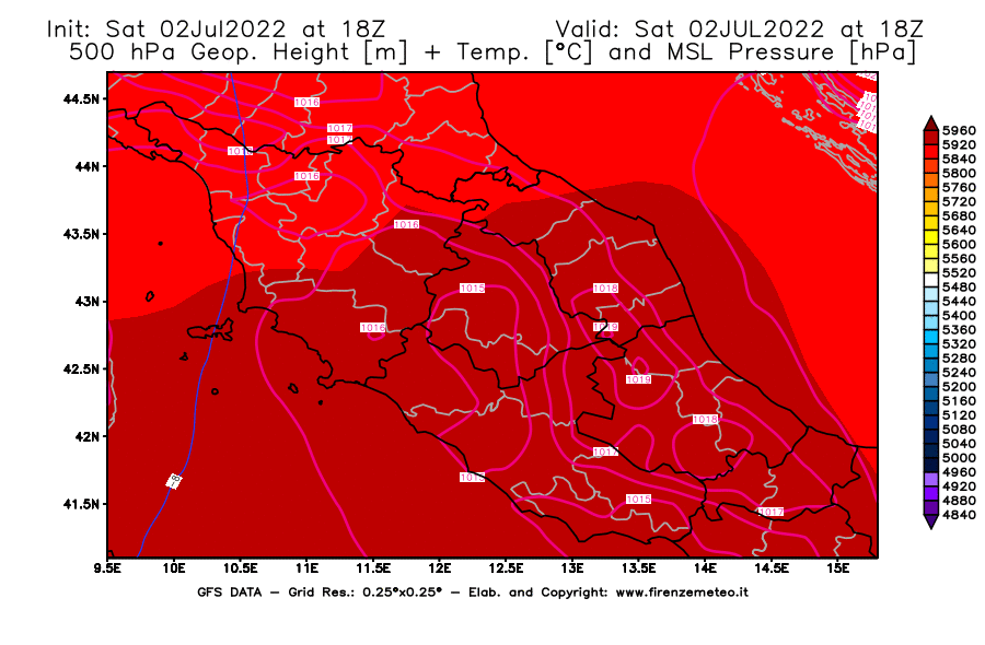 GFS analysi map - Geopotential [m] + Temp. [°C] at 500 hPa + Sea Level Pressure [hPa] in Central Italy
									on 02/07/2022 18 <!--googleoff: index-->UTC<!--googleon: index-->