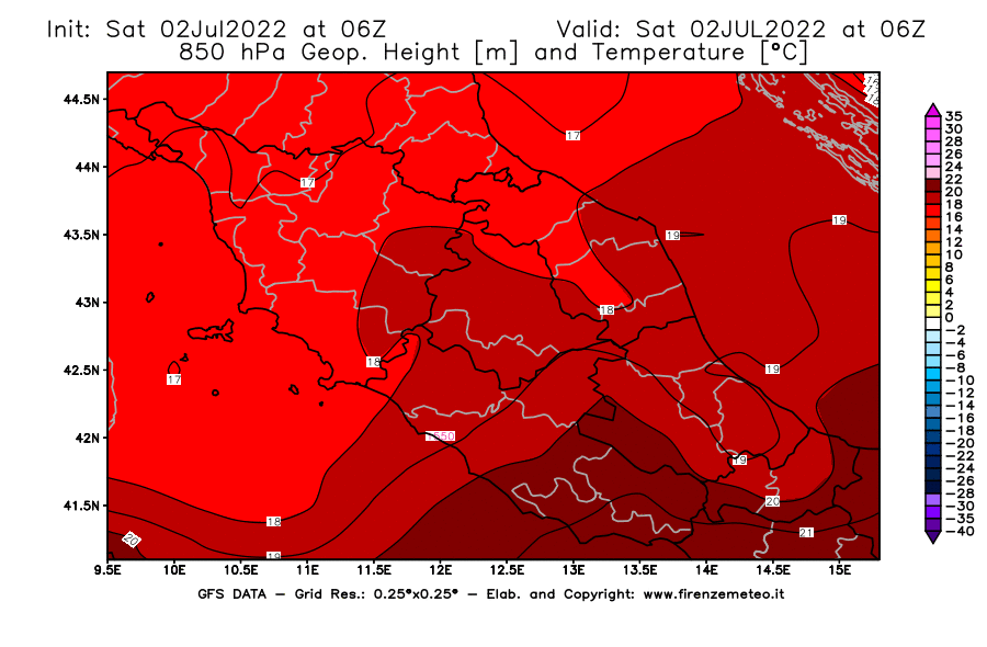 GFS analysi map - Geopotential [m] and Temperature [°C] at 850 hPa in Central Italy
									on 02/07/2022 06 <!--googleoff: index-->UTC<!--googleon: index-->