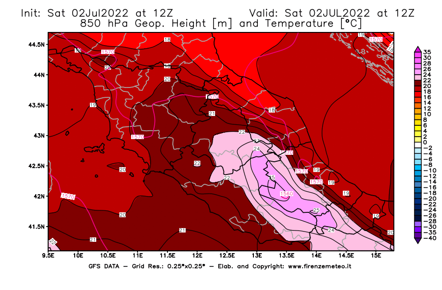 GFS analysi map - Geopotential [m] and Temperature [°C] at 850 hPa in Central Italy
									on 02/07/2022 12 <!--googleoff: index-->UTC<!--googleon: index-->