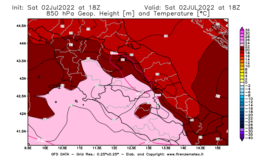 GFS analysi map - Geopotential [m] and Temperature [°C] at 850 hPa in Central Italy
									on 02/07/2022 18 <!--googleoff: index-->UTC<!--googleon: index-->