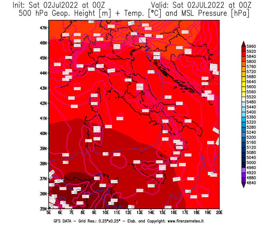 GFS analysi map - Geopotential [m] + Temp. [°C] at 500 hPa + Sea Level Pressure [hPa] in Italy
									on 02/07/2022 00 <!--googleoff: index-->UTC<!--googleon: index-->