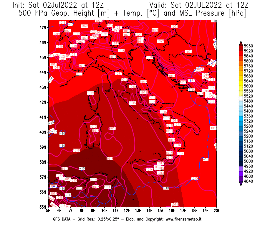 GFS analysi map - Geopotential [m] + Temp. [°C] at 500 hPa + Sea Level Pressure [hPa] in Italy
									on 02/07/2022 12 <!--googleoff: index-->UTC<!--googleon: index-->