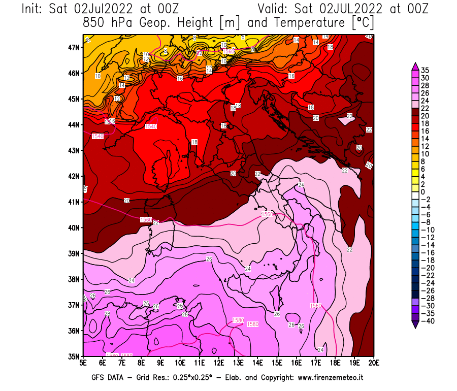 GFS analysi map - Geopotential [m] and Temperature [°C] at 850 hPa in Italy
									on 02/07/2022 00 <!--googleoff: index-->UTC<!--googleon: index-->