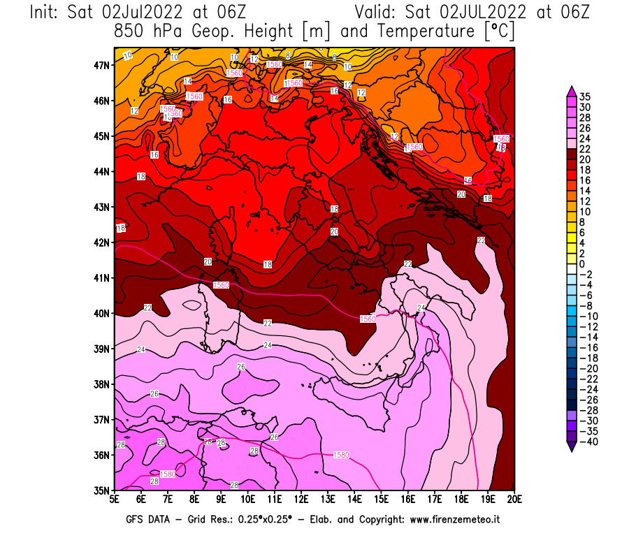 GFS analysi map - Geopotential [m] and Temperature [°C] at 850 hPa in Italy
									on 02/07/2022 06 <!--googleoff: index-->UTC<!--googleon: index-->