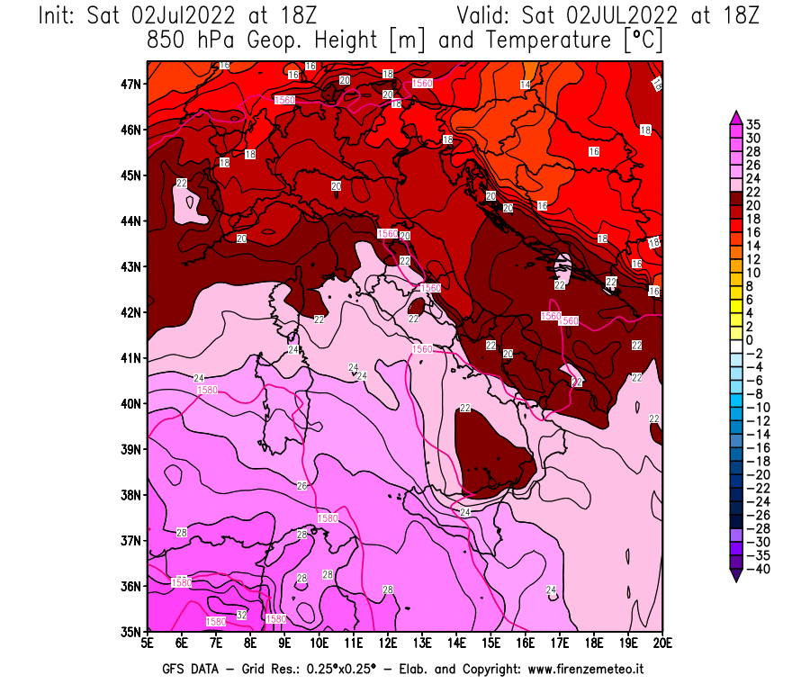 GFS analysi map - Geopotential [m] and Temperature [°C] at 850 hPa in Italy
									on 02/07/2022 18 <!--googleoff: index-->UTC<!--googleon: index-->