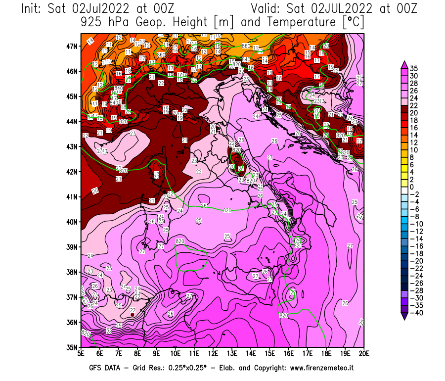 GFS analysi map - Geopotential [m] and Temperature [°C] at 925 hPa in Italy
									on 02/07/2022 00 <!--googleoff: index-->UTC<!--googleon: index-->