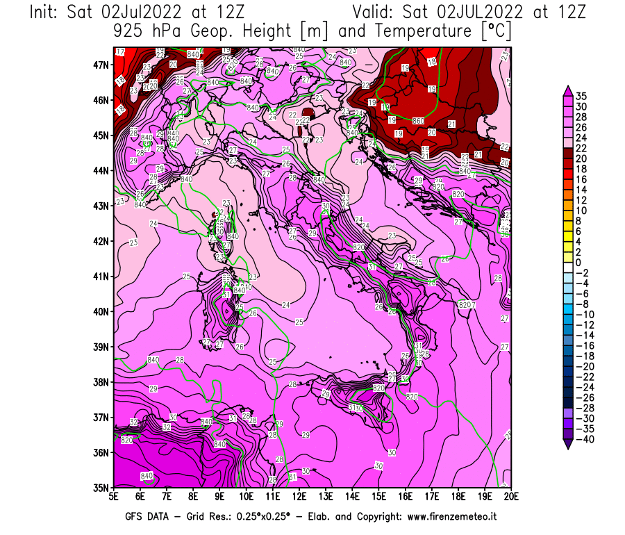 GFS analysi map - Geopotential [m] and Temperature [°C] at 925 hPa in Italy
									on 02/07/2022 12 <!--googleoff: index-->UTC<!--googleon: index-->