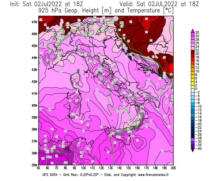 GFS analysi map - Geopotential [m] and Temperature [°C] at 925 hPa in Italy
									on 02/07/2022 18 <!--googleoff: index-->UTC<!--googleon: index-->