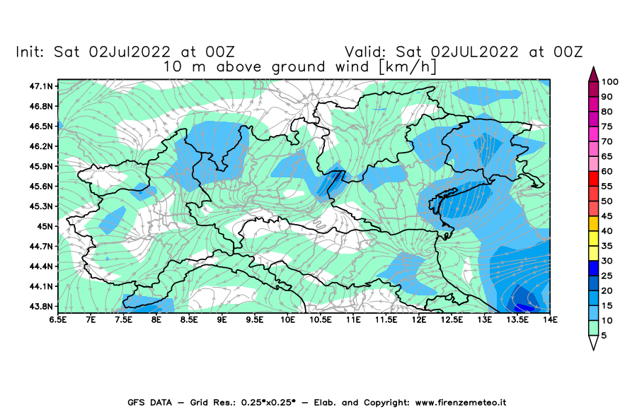 GFS analysi map - Wind Speed at 10 m above ground [km/h] in Northern Italy
									on 02/07/2022 00 <!--googleoff: index-->UTC<!--googleon: index-->