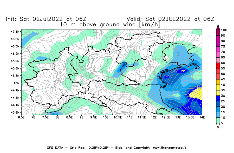GFS analysi map - Wind Speed at 10 m above ground [km/h] in Northern Italy
									on 02/07/2022 06 <!--googleoff: index-->UTC<!--googleon: index-->