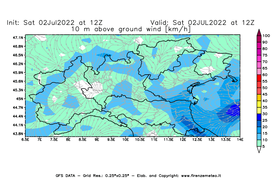 GFS analysi map - Wind Speed at 10 m above ground [km/h] in Northern Italy
									on 02/07/2022 12 <!--googleoff: index-->UTC<!--googleon: index-->