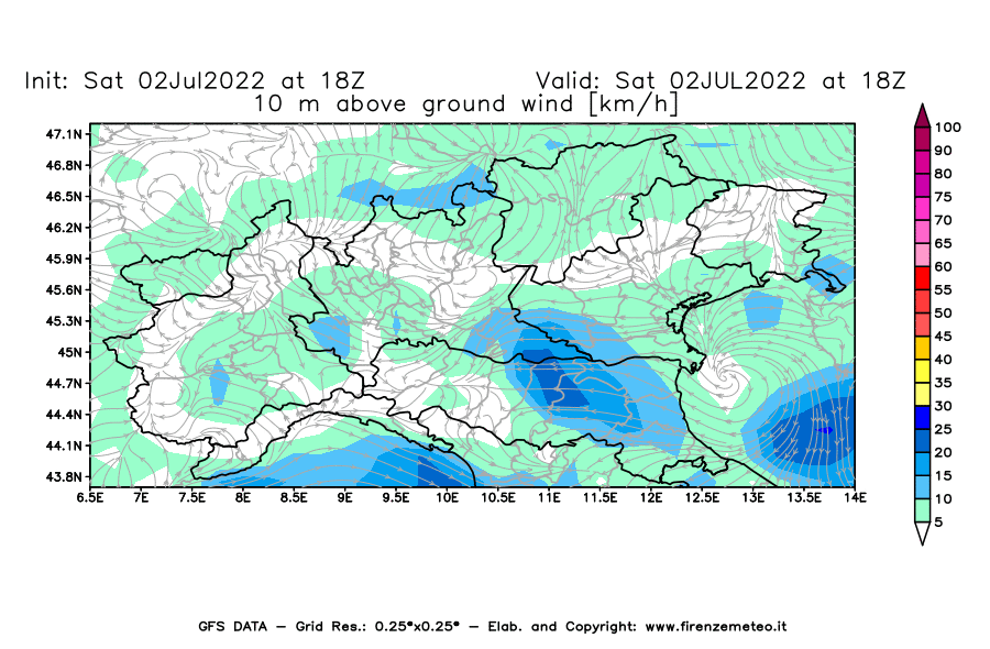 GFS analysi map - Wind Speed at 10 m above ground [km/h] in Northern Italy
									on 02/07/2022 18 <!--googleoff: index-->UTC<!--googleon: index-->