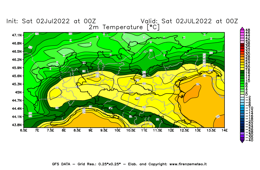 GFS analysi map - Temperature at 2 m above ground [°C] in Northern Italy
									on 02/07/2022 00 <!--googleoff: index-->UTC<!--googleon: index-->