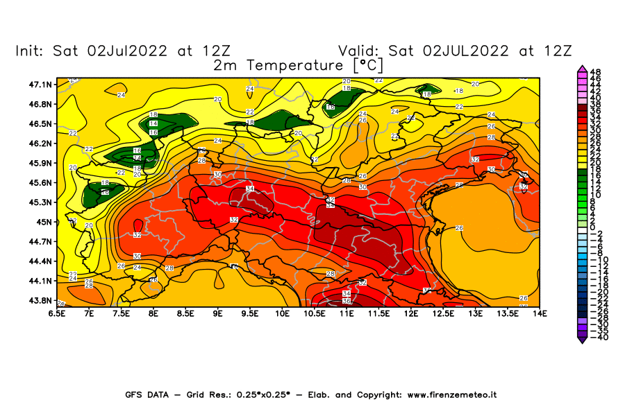GFS analysi map - Temperature at 2 m above ground [°C] in Northern Italy
									on 02/07/2022 12 <!--googleoff: index-->UTC<!--googleon: index-->