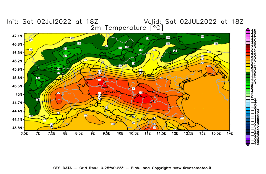 GFS analysi map - Temperature at 2 m above ground [°C] in Northern Italy
									on 02/07/2022 18 <!--googleoff: index-->UTC<!--googleon: index-->