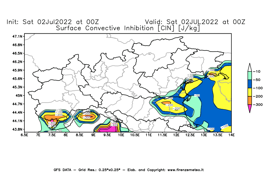 GFS analysi map - CIN [J/kg] in Northern Italy
									on 02/07/2022 00 <!--googleoff: index-->UTC<!--googleon: index-->