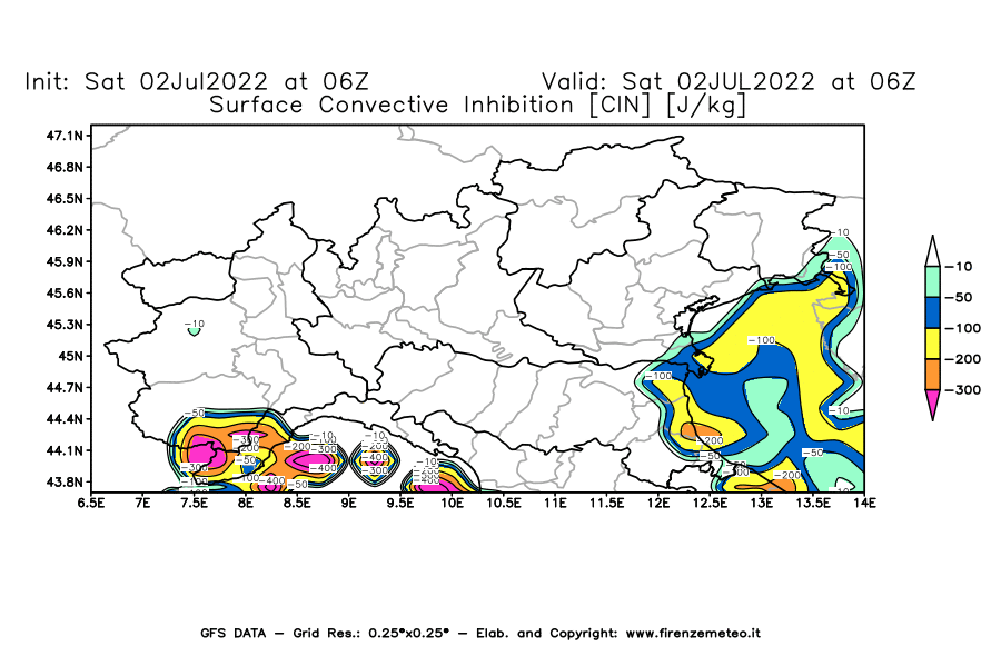 GFS analysi map - CIN [J/kg] in Northern Italy
									on 02/07/2022 06 <!--googleoff: index-->UTC<!--googleon: index-->