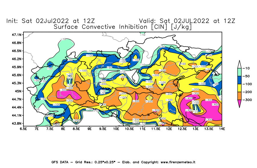 GFS analysi map - CIN [J/kg] in Northern Italy
									on 02/07/2022 12 <!--googleoff: index-->UTC<!--googleon: index-->