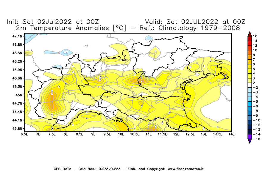 GFS analysi map - Temperature Anomalies [°C] at 2 m in Northern Italy
									on 02/07/2022 00 <!--googleoff: index-->UTC<!--googleon: index-->