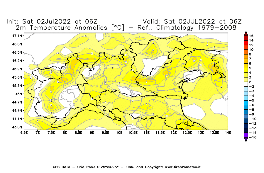 GFS analysi map - Temperature Anomalies [°C] at 2 m in Northern Italy
									on 02/07/2022 06 <!--googleoff: index-->UTC<!--googleon: index-->
