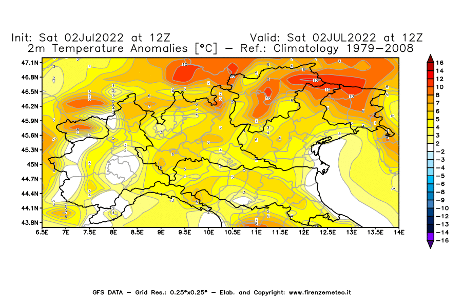 GFS analysi map - Temperature Anomalies [°C] at 2 m in Northern Italy
									on 02/07/2022 12 <!--googleoff: index-->UTC<!--googleon: index-->