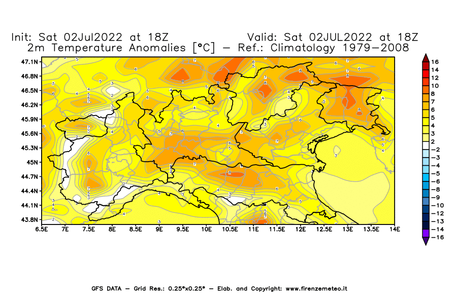 GFS analysi map - Temperature Anomalies [°C] at 2 m in Northern Italy
									on 02/07/2022 18 <!--googleoff: index-->UTC<!--googleon: index-->