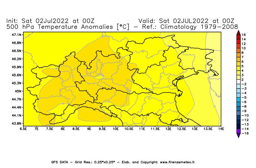 GFS analysi map - Temperature Anomalies [°C] at 500 hPa in Northern Italy
									on 02/07/2022 00 <!--googleoff: index-->UTC<!--googleon: index-->