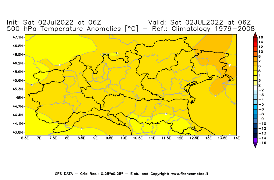 GFS analysi map - Temperature Anomalies [°C] at 500 hPa in Northern Italy
									on 02/07/2022 06 <!--googleoff: index-->UTC<!--googleon: index-->