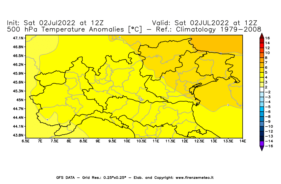 GFS analysi map - Temperature Anomalies [°C] at 500 hPa in Northern Italy
									on 02/07/2022 12 <!--googleoff: index-->UTC<!--googleon: index-->
