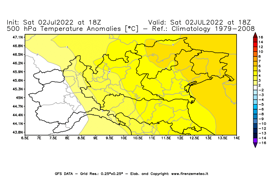 GFS analysi map - Temperature Anomalies [°C] at 500 hPa in Northern Italy
									on 02/07/2022 18 <!--googleoff: index-->UTC<!--googleon: index-->