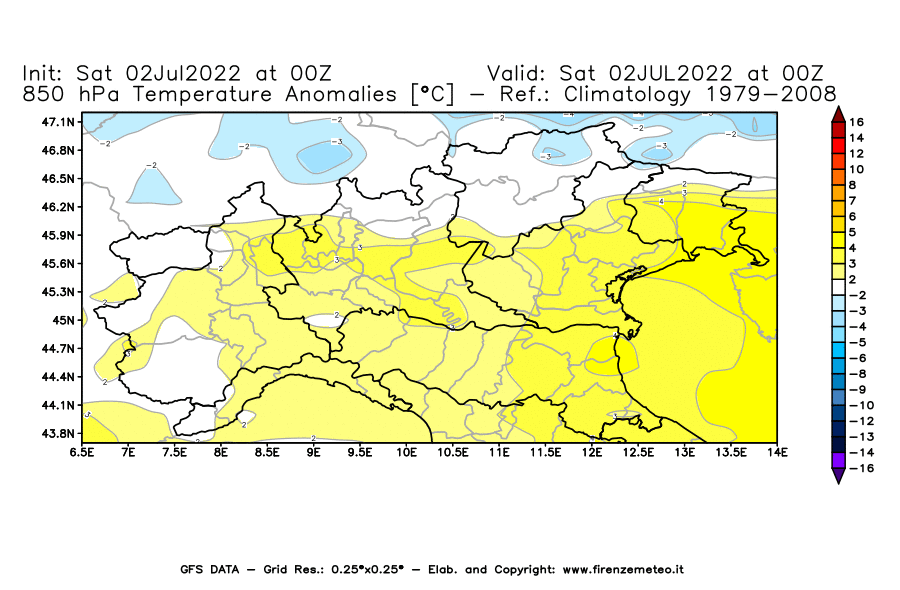 GFS analysi map - Temperature Anomalies [°C] at 850 hPa in Northern Italy
									on 02/07/2022 00 <!--googleoff: index-->UTC<!--googleon: index-->