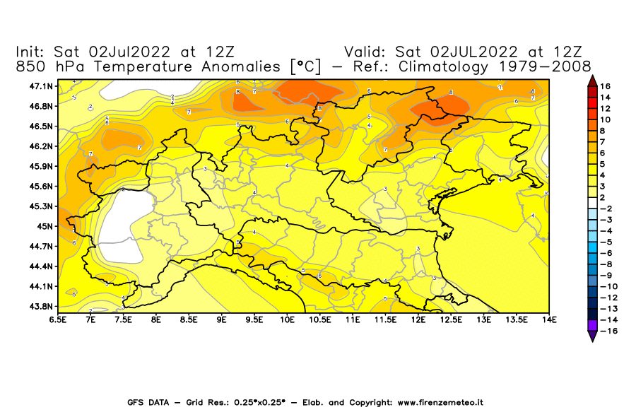 GFS analysi map - Temperature Anomalies [°C] at 850 hPa in Northern Italy
									on 02/07/2022 12 <!--googleoff: index-->UTC<!--googleon: index-->